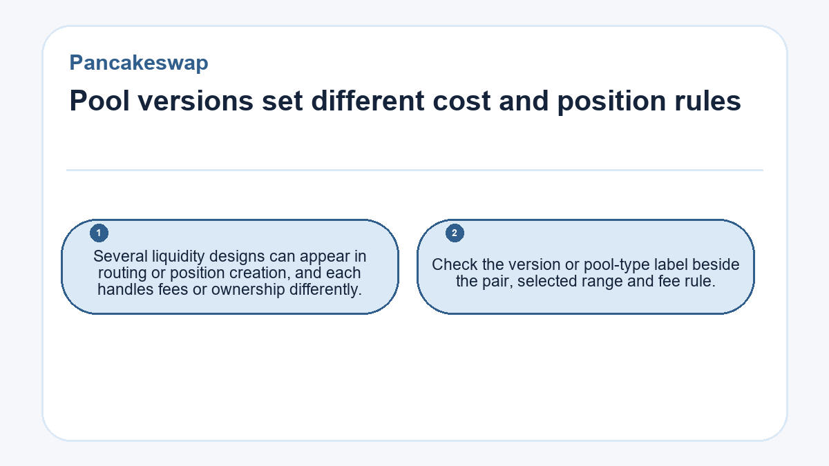 Pool versions set different cost and position rules: Several liquidity designs can appear in routing or position creation, and each handles fees or ownership differently.; Check the version or pool-type label beside the pair, selected range and fee rule.